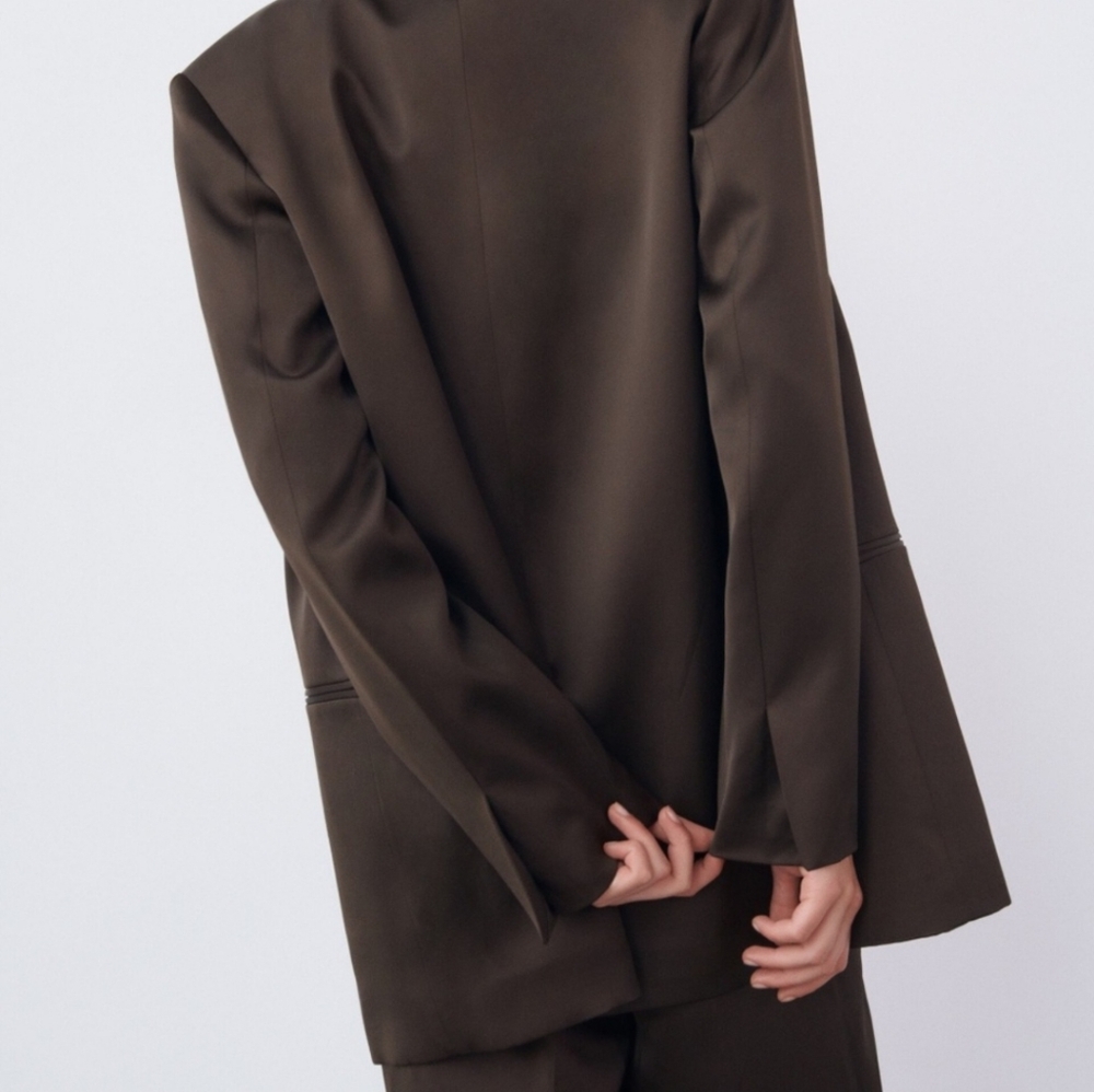 ZARA Satin Effect Blazer Brown Size L - Picture 10 of 15